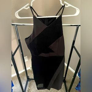 Black Criss-Cross Mixed Media Dress with Keyhole